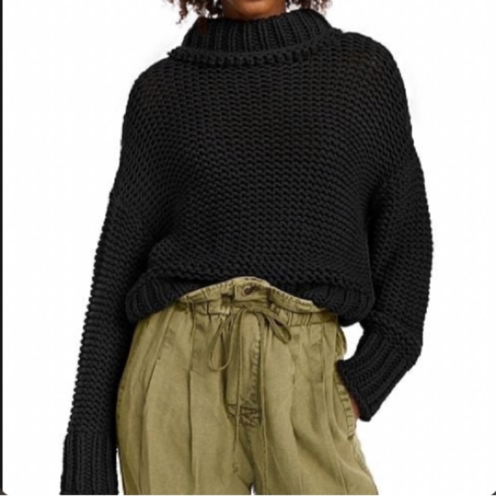 Free People My Only Sunshine Sweater in Black Open Knit Mock Neck